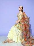 InWeave Women's Off White Yellow Floral Print Tie Up Kurta Sharara Set With Dupatta | Grocsy