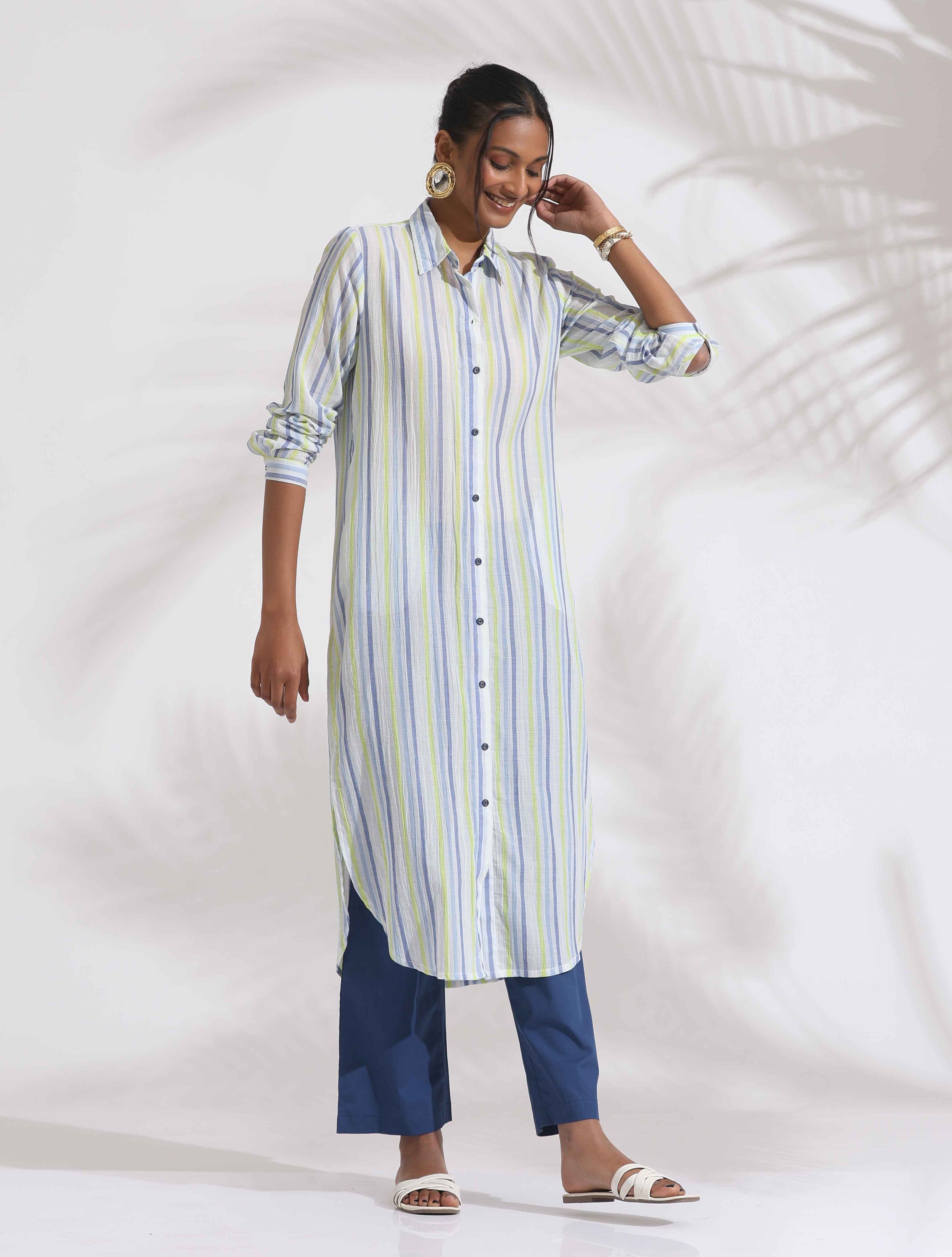 trueBrowns White Cotton Multi Stripe Shirt Kurta Set | Grocsy