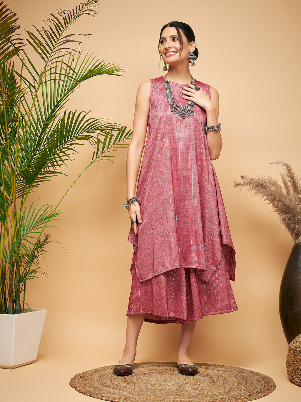 InWeave Women's Wine Lurex Short Pallazo Kurta Set | Grocsy