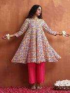 trueBrowns Off White Print Flared Anarkali Kurta Co-ord Set | Grocsy