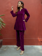 trueBrowns Wine Solid Velvet Co-Ord Set | Grocsy