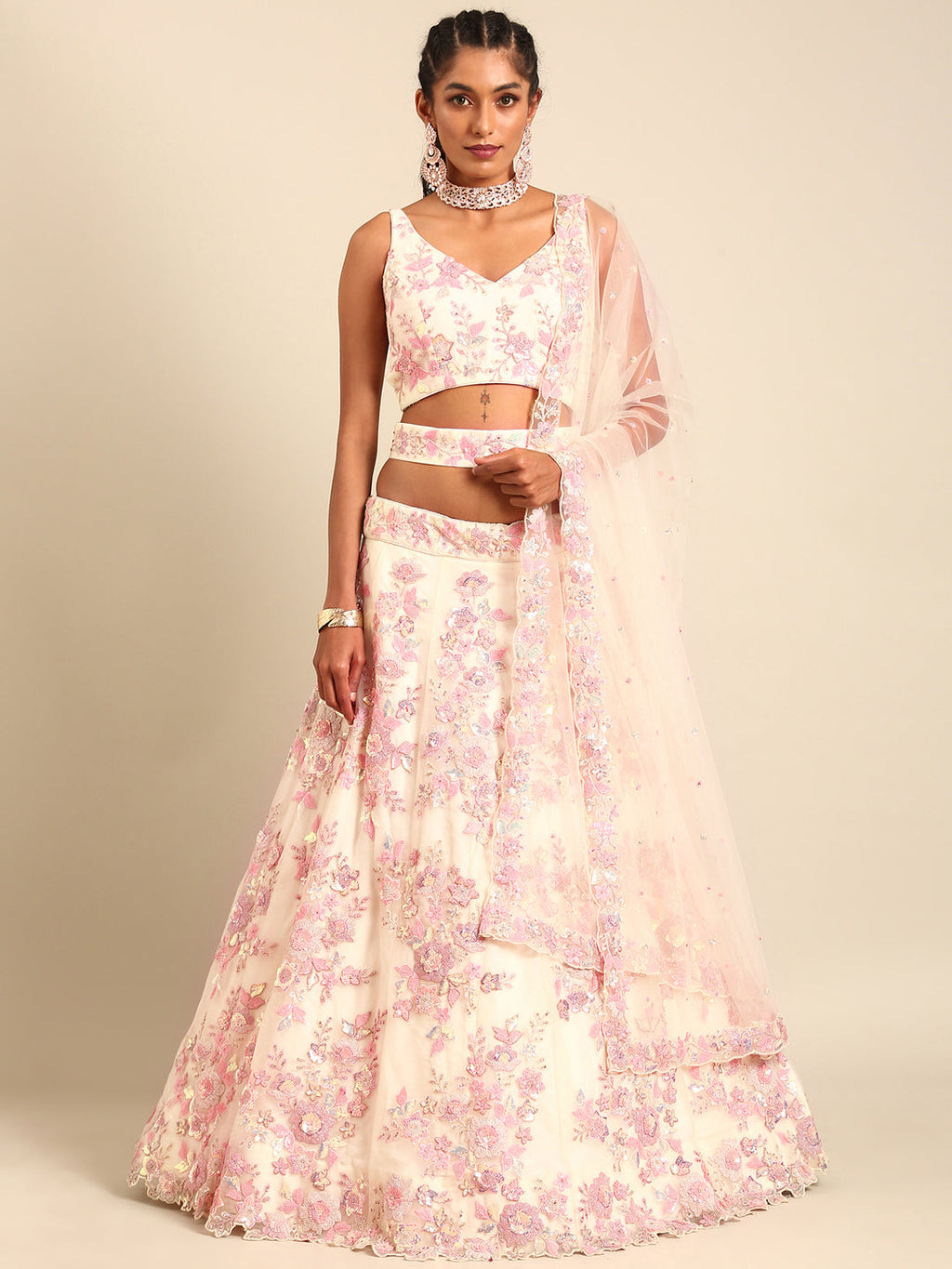 House of Panchhi Cream Net Sequins with heavy Zarkan embroidery Lehenga choli & Dupatta | Grocsy