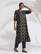 trueBrowns Green Foil Print Cotton Kurta Set | Grocsy