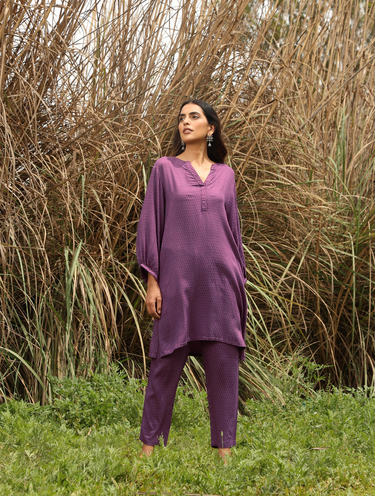 trueBrowns Purple Viscose Dobby Relaxed Co-ord Set | Grocsy