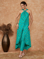 InWeave Women's Aqua S Print Twisted Neckline Kurta Pant Set | Grocsy