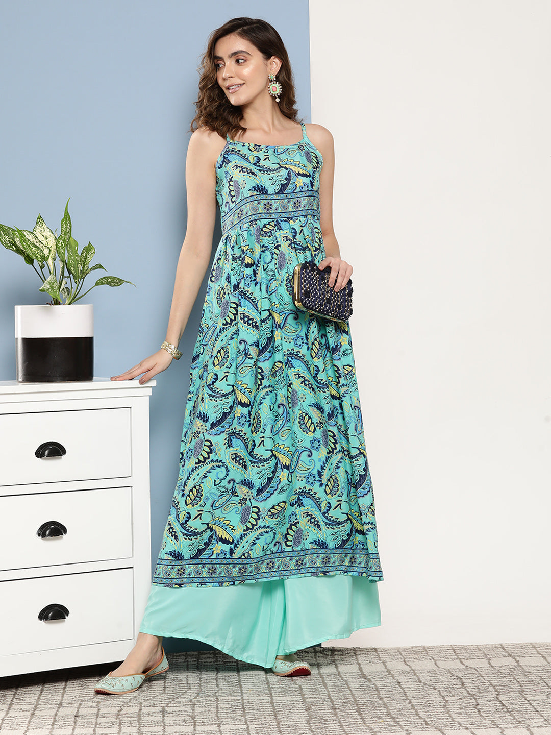 InWeave Women's Camelia Blue Pastel Print Strappy Kurta Set | Grocsy