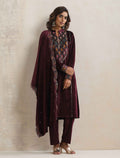 trueBrowns Purple Velvet Geometric Embroidered Kurta Pant Dupatta Set | Grocsy