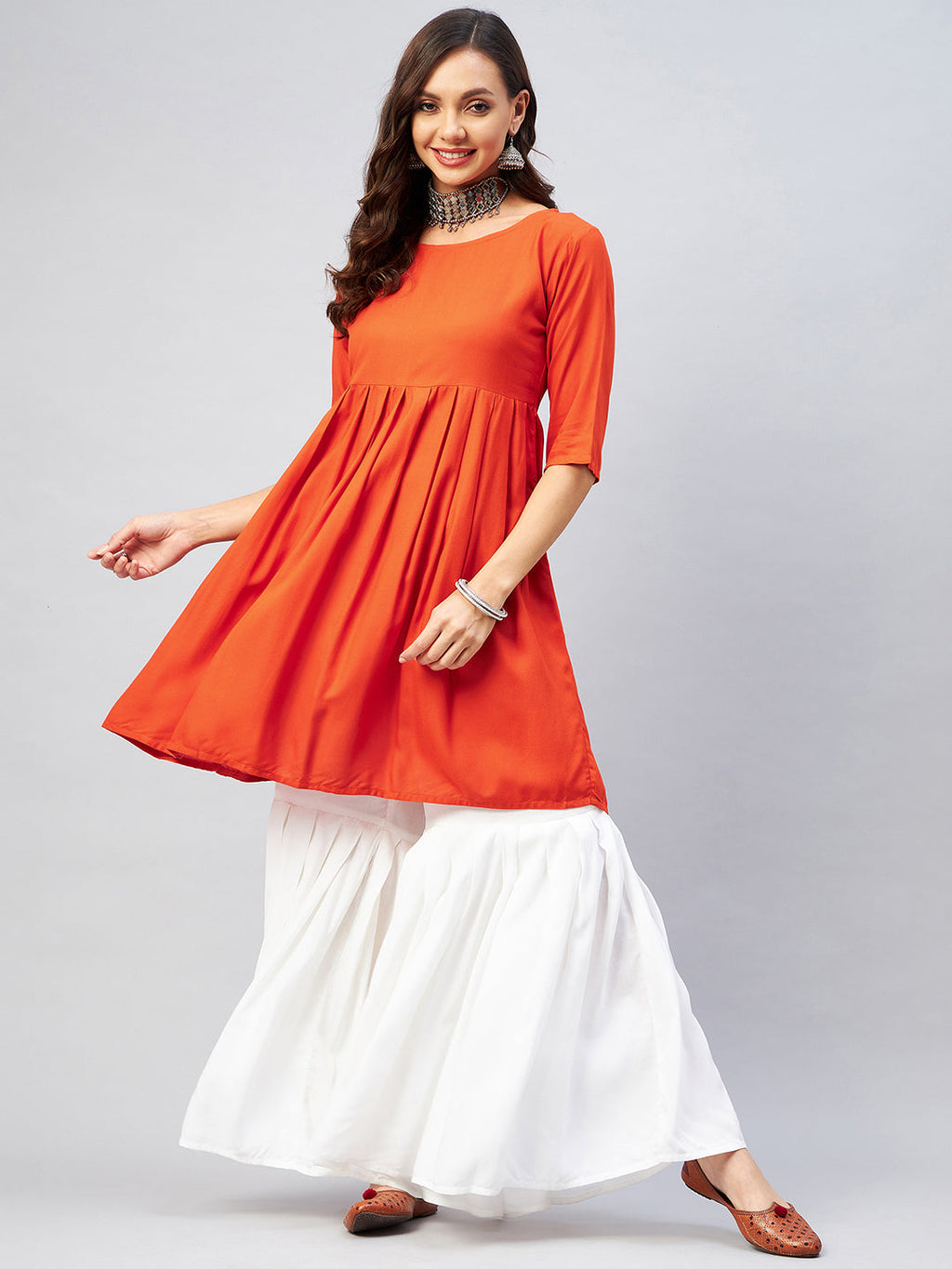 InWeave Women's Orange Short Anarkali Kurta | Grocsy