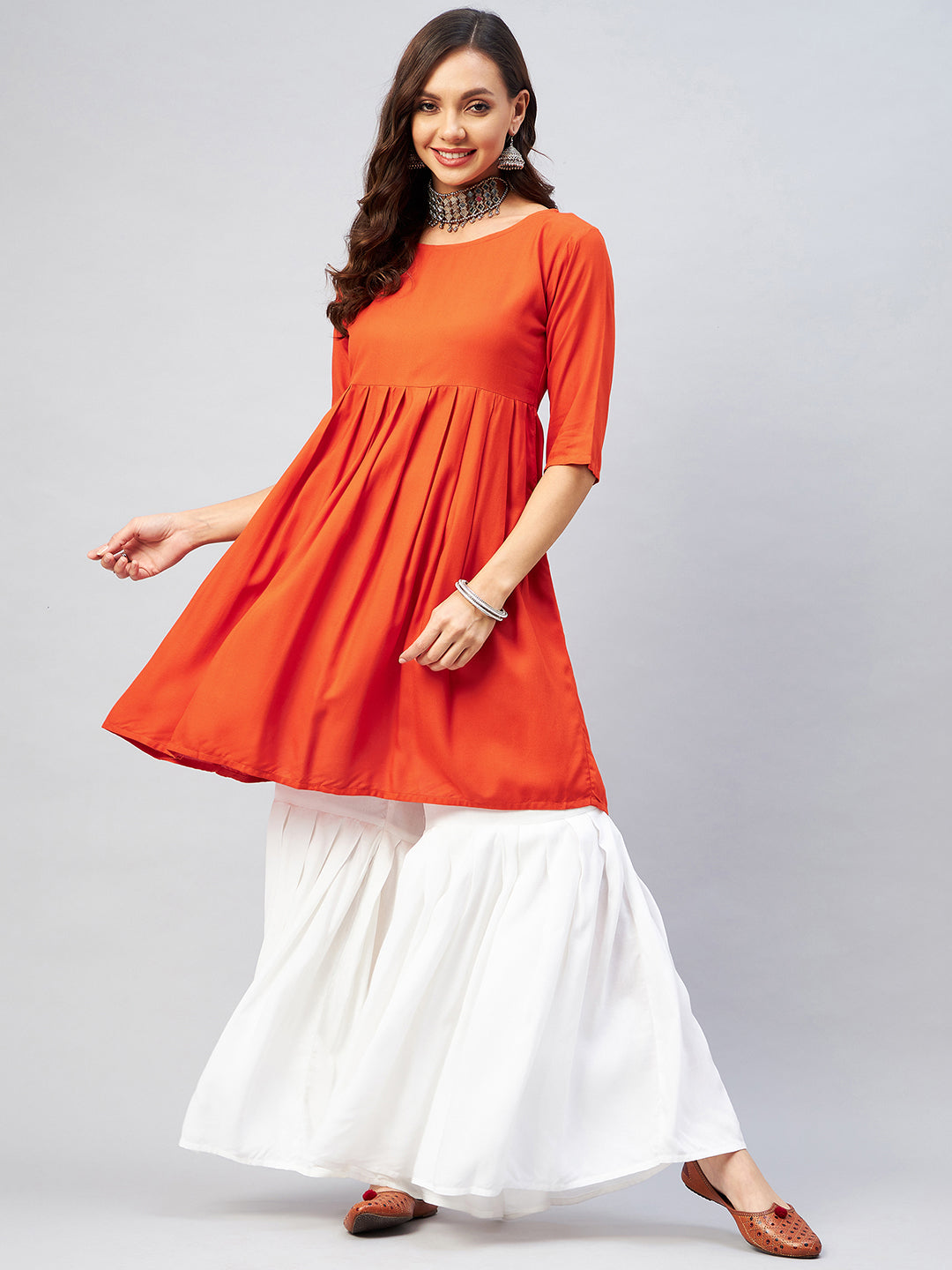 InWeave Women's Orange Short Anarkali Kurta | Grocsy