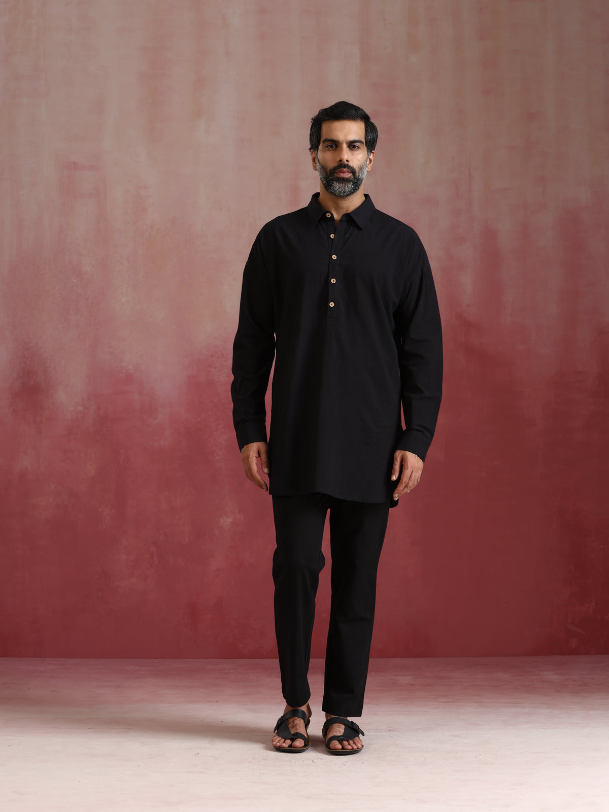 trueBrowns Men's Black Cotton Shirt Collar Stylized Kurta Co-ord set | Grocsy