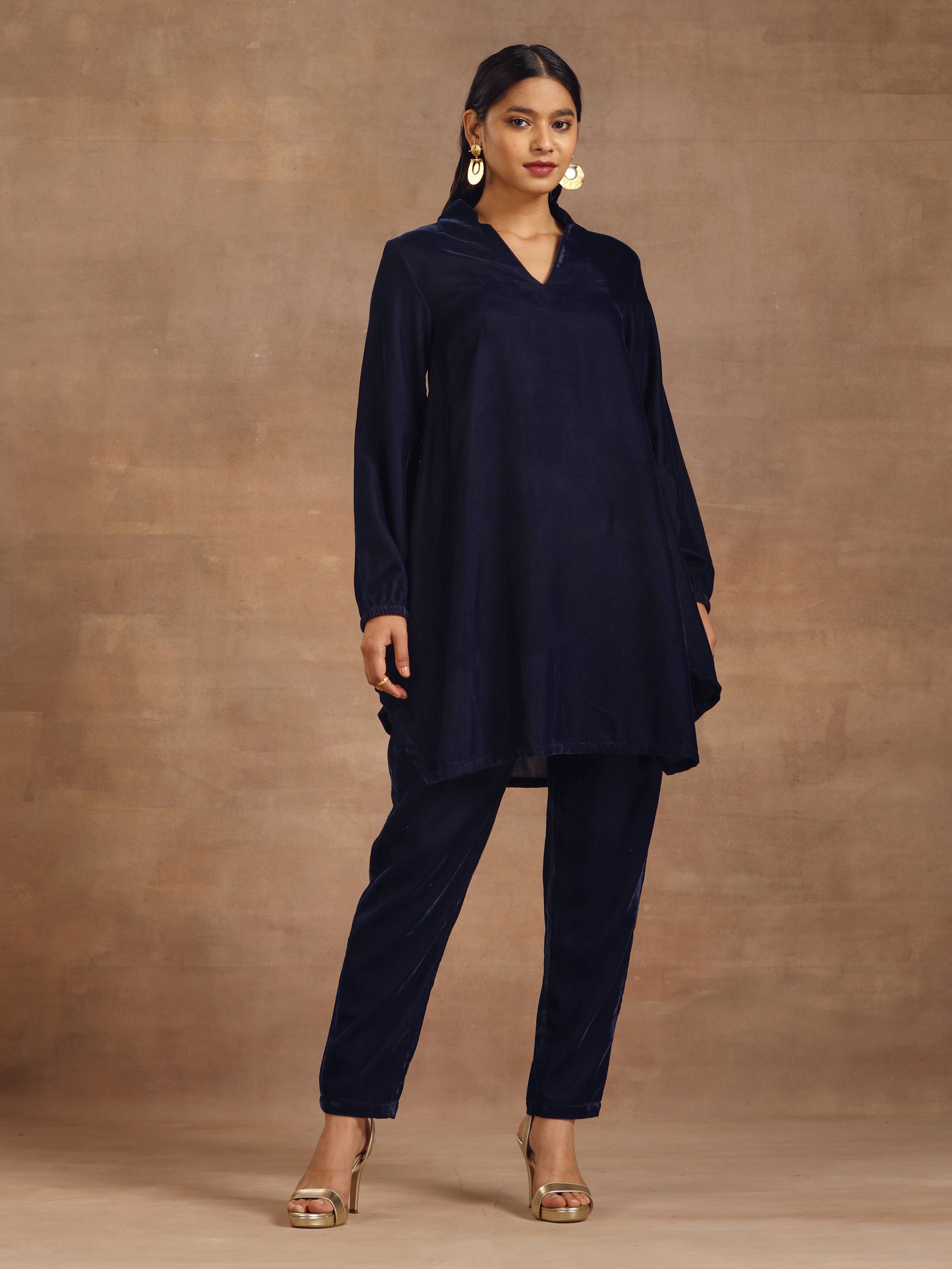 trueBrowns Midnight Blue Velvet Solid Co-ord Set | Grocsy