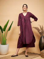 InWeave Women's Wine Solid Flared Kurta Palazzo Set | Grocsy