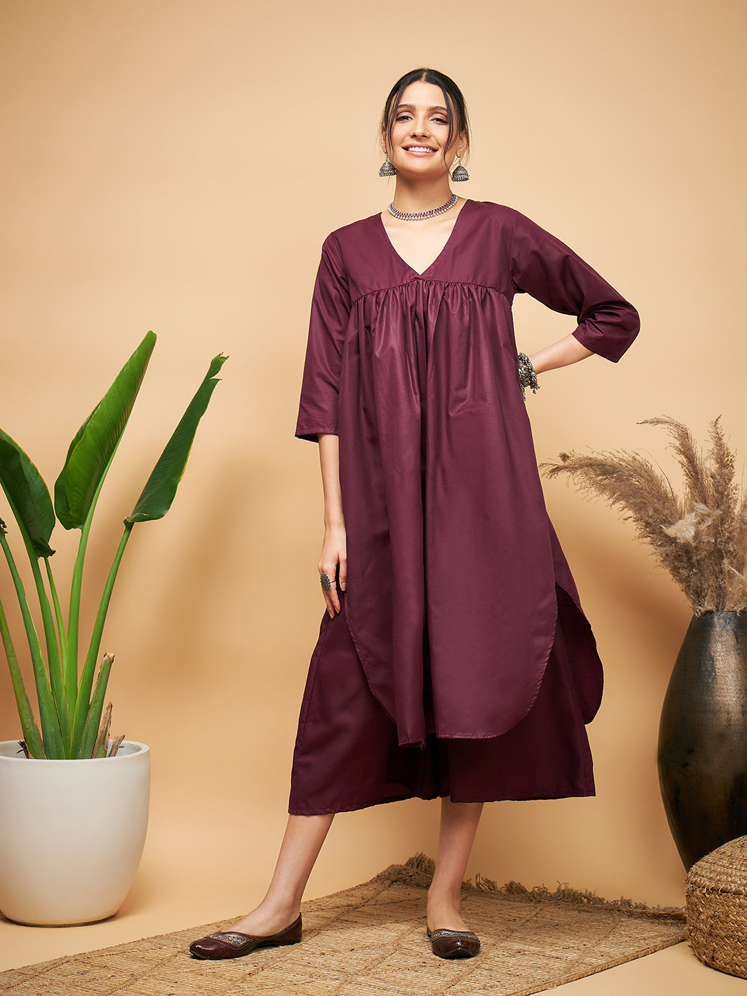 InWeave Women's Wine Solid Flared Kurta Palazzo Set | Grocsy