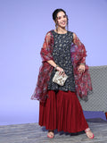 InWeave Women's Blue Printed Kurta Sharara Set With Burgundy Organza Dupatta | Grocsy
