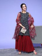 InWeave Women's Blue Printed Kurta Sharara Set With Burgundy Organza Dupatta | Grocsy