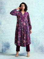 trueBrowns Wine Printed Velvet Neck Pleat Kurta | Grocsy