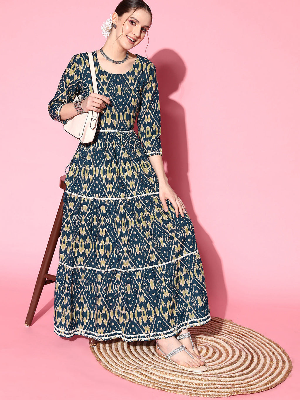InWeave Women's Blue Ikkat Print Tiered Dress With Lace | Grocsy