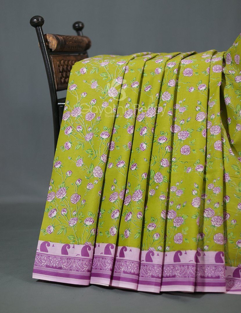 Block Print Apple Green Coloured Mulmul Cotton Saree By Gayathri Reddy Designer Studio | Grocsy