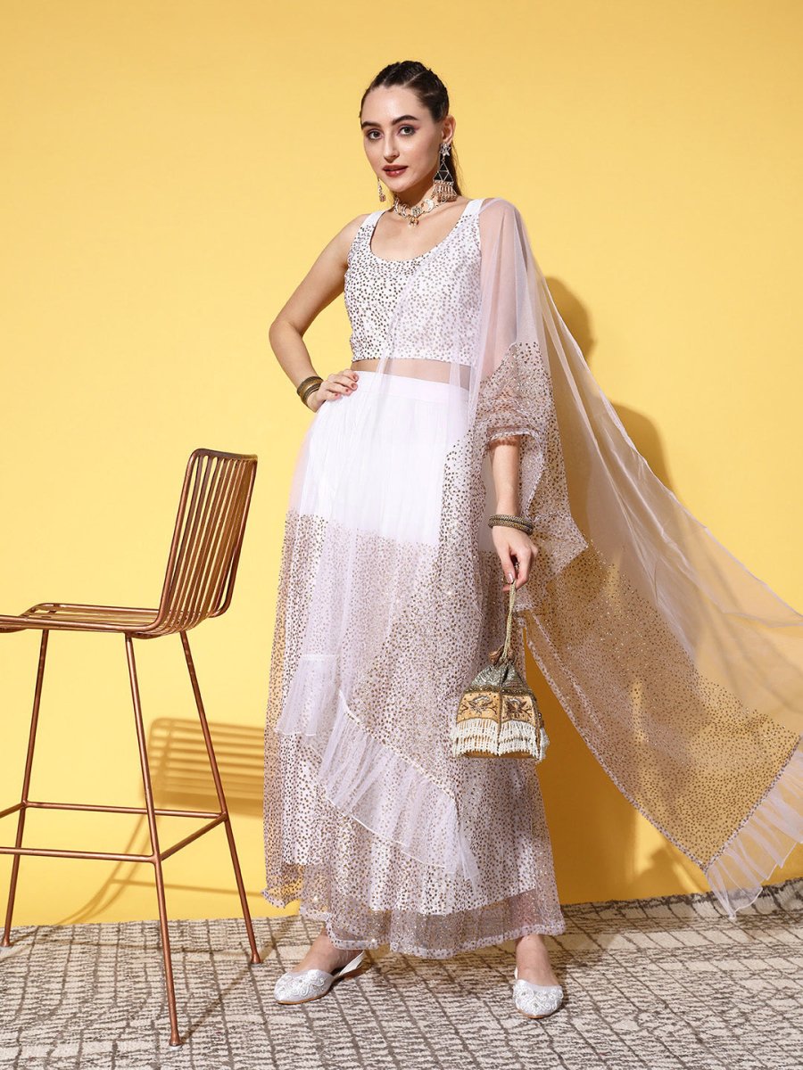Ahalyaa White & Gold-Toned Printed Ready to Wear Lehenga & Blouse With Dupatta | Grocsy