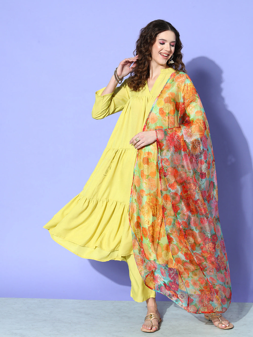 InWeave Women's Lime Green Flared Kurta Set With Green Organza Dupatta | Grocsy
