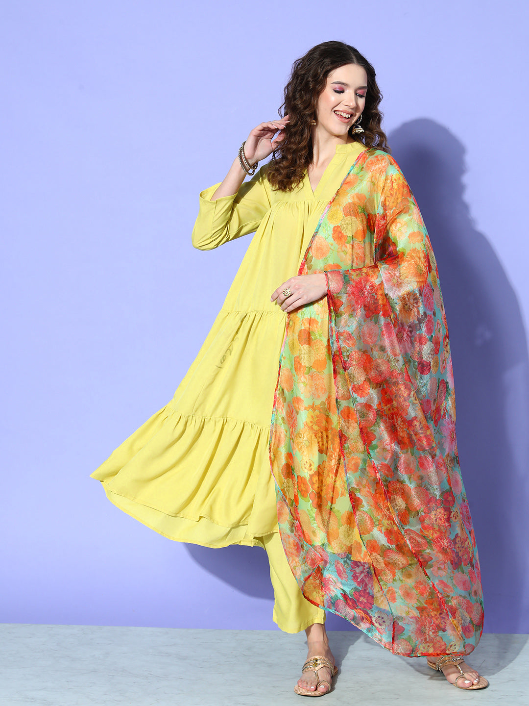 InWeave Women's Lime Green Flared Kurta Set With Green Organza Dupatta | Grocsy
