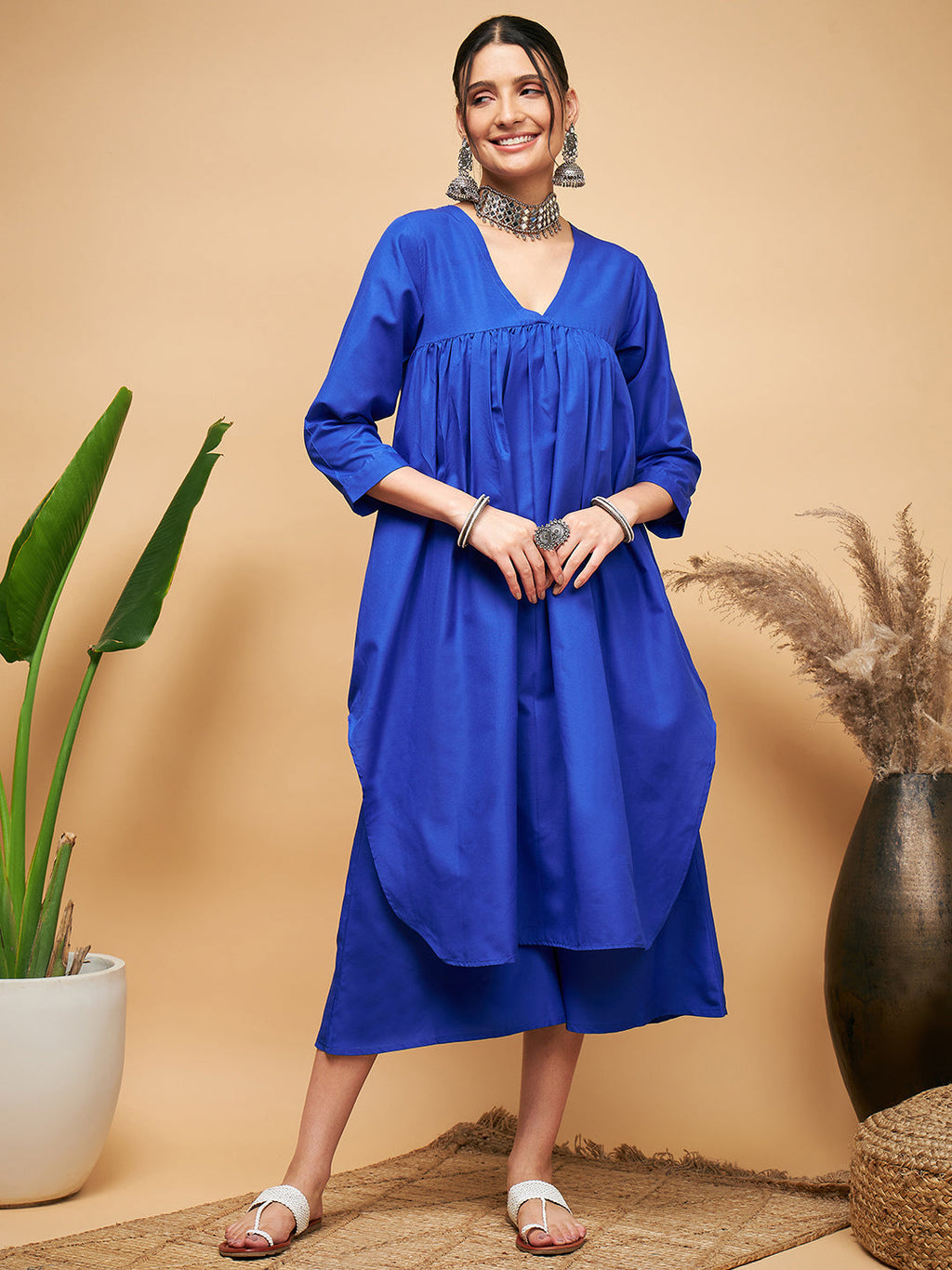InWeave Women's Ink Blue Flared Kurta Palazzo Set | Grocsy