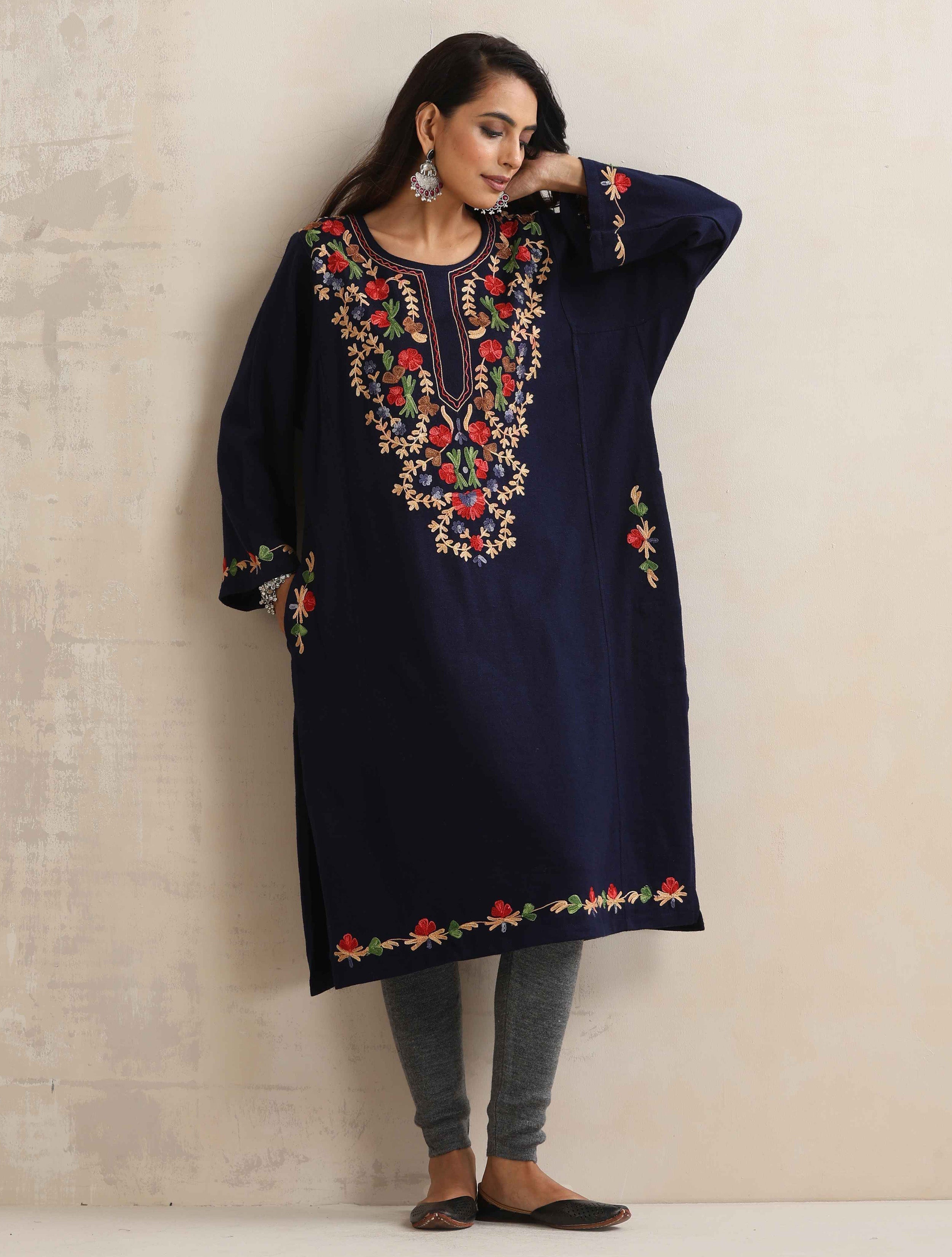 trueBrowns Blue Kashmiri Embroidered Woollen Phiran Kurta | Grocsy