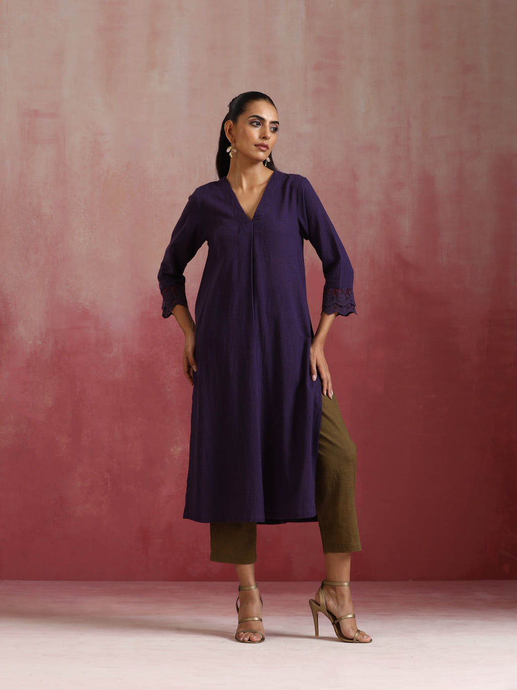trueBrowns Purple Cotton Dobby Kurta Set | Grocsy
