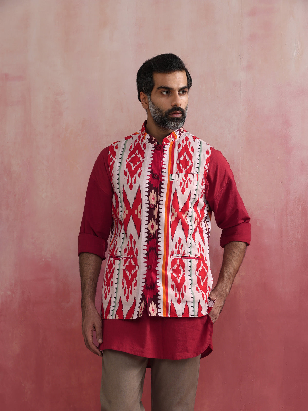 trueBrowns Men's Maroon Ikat Print Cotton Reversible Nehru Jacket | Grocsy