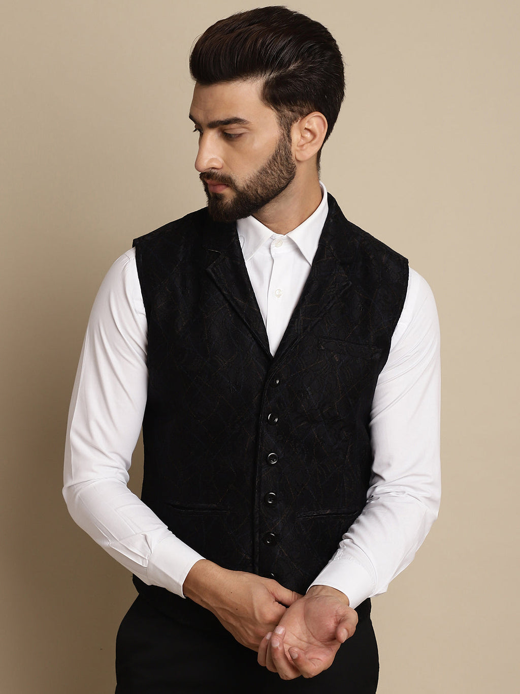 Even Apparels Men's Black Waistcoat with Notched Lapel | Grocsy