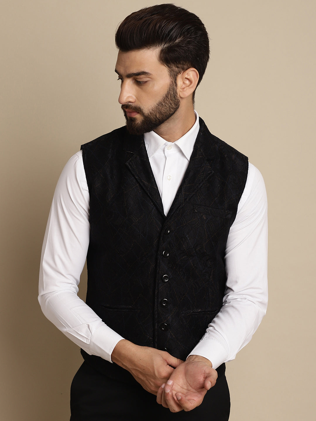 Even Apparels Men's Black Waistcoat with Notched Lapel | Grocsy