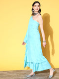 InWeave Women's Sky Blue Mirror Work One Shoulder Kurta Set | Grocsy