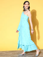 InWeave Women's Sky Blue Mirror Work One Shoulder Kurta Set | Grocsy