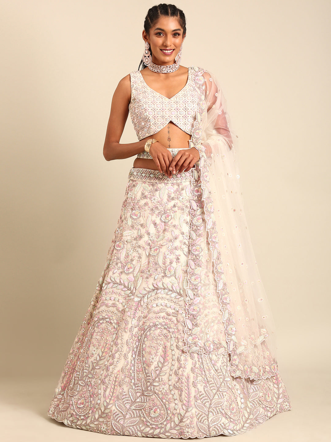 House of Panchhi Cream Net Multi Sequins with heavy Zarkan embroidery Lehenga choli & Dupatta | Grocsy