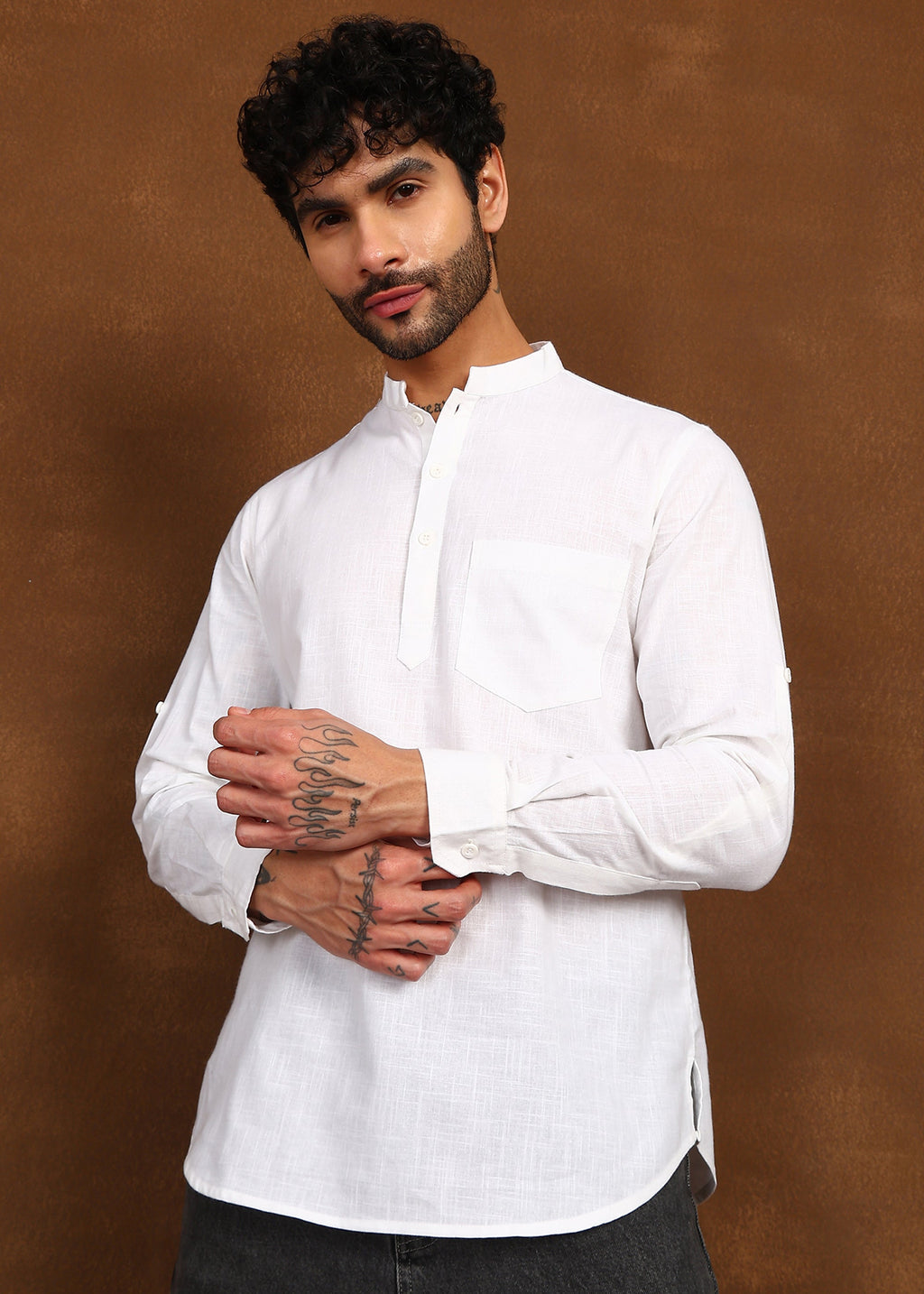 Fabmade Pure Ivory Linen Short Kurta | Grocsy