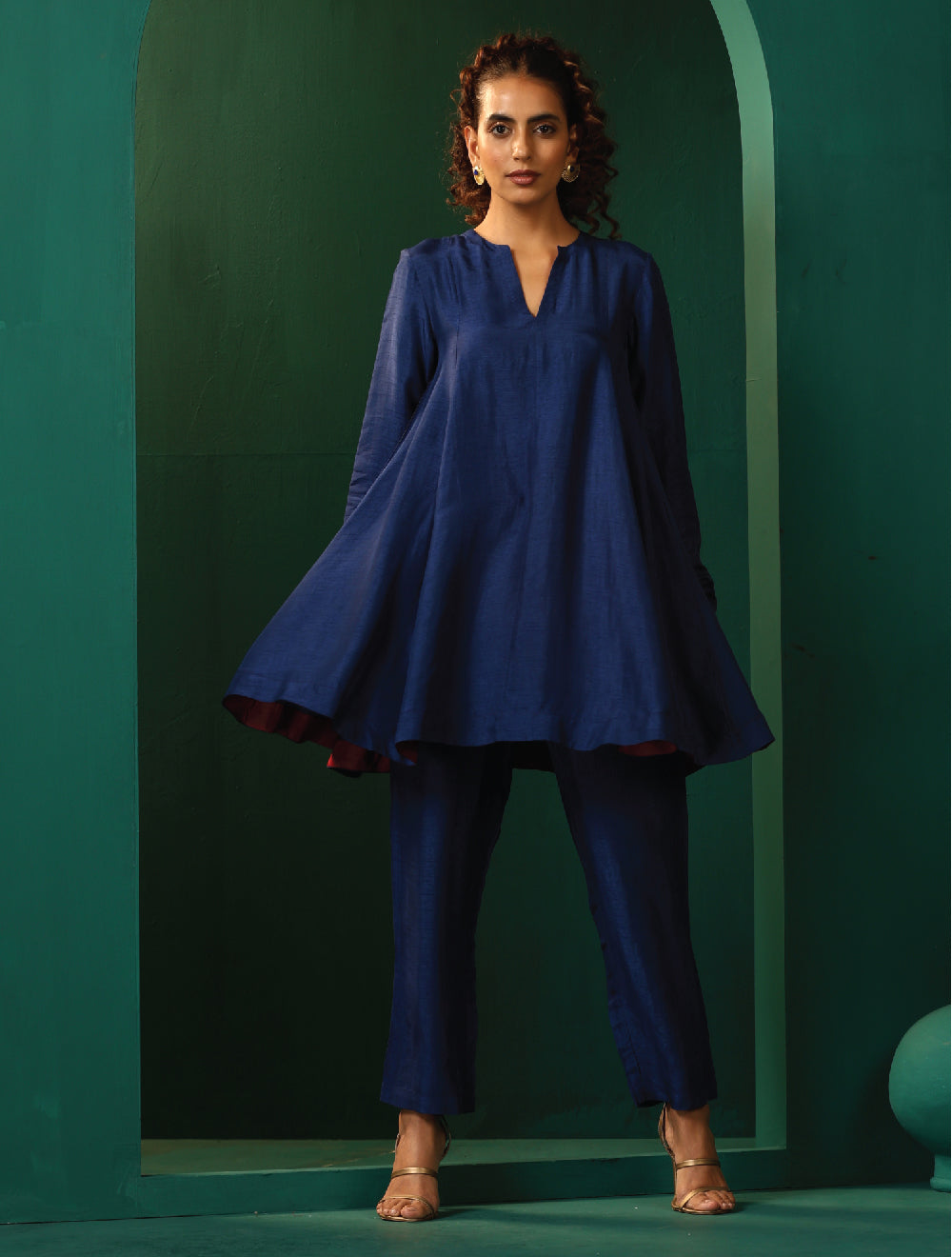 trueBrowns Blue Silk Flared Co-ord Set | Grocsy