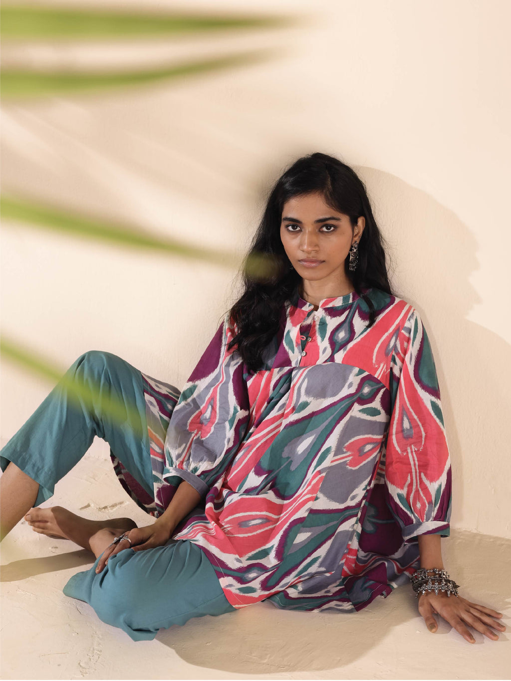 trueBrowns Green Cotton Ikat Flared Co-ord Set | Grocsy