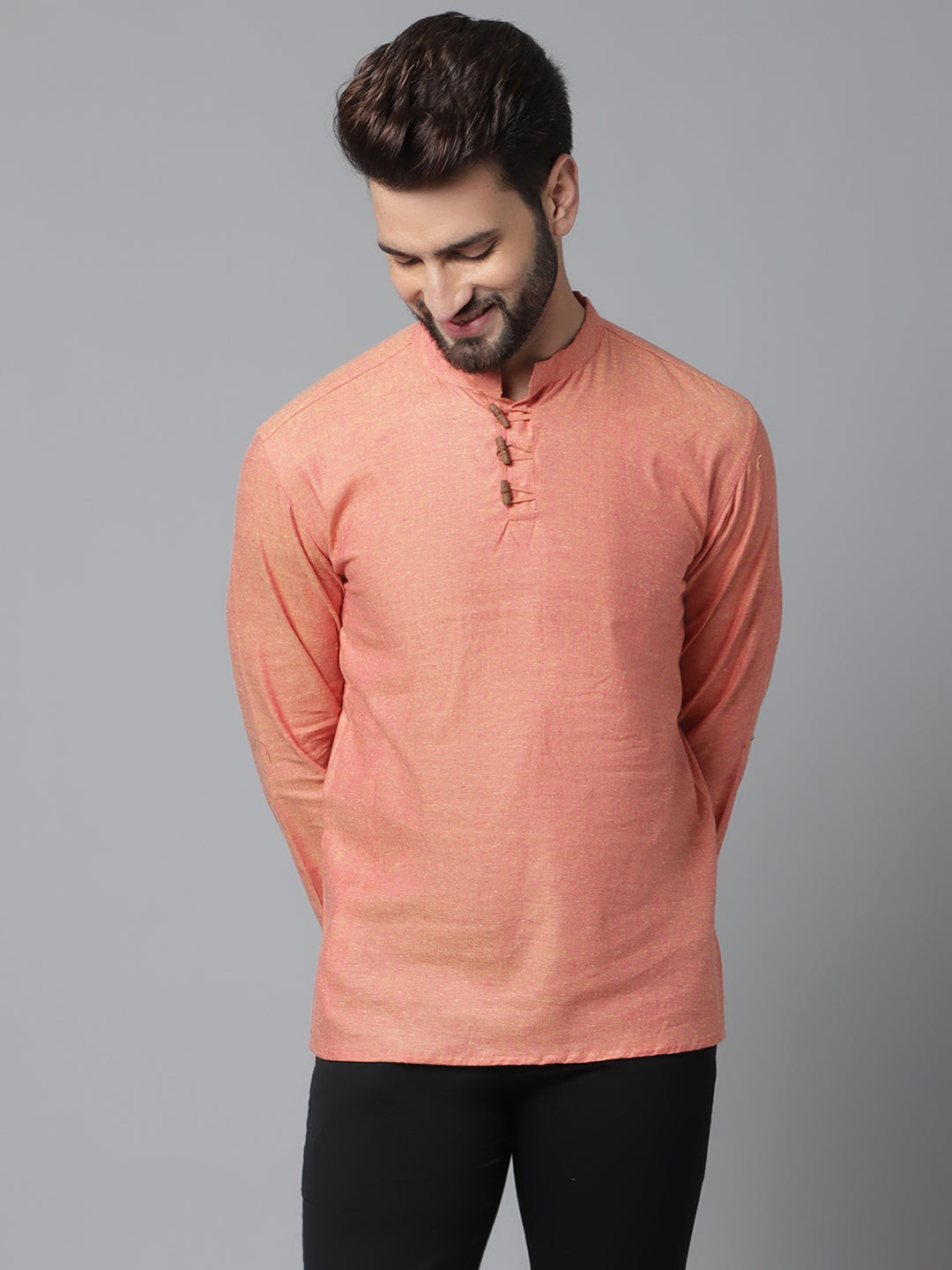 Even Apparels Orange Pure Cotton Kurta With Band Collar | Grocsy