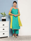 InWeave Women's Teal Lace Work Straight Strappy Kurta Set With Lime Green Chiffon Dupatta | Grocsy