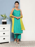 InWeave Women's Teal Lace Work Straight Strappy Kurta Set With Lime Green Chiffon Dupatta | Grocsy