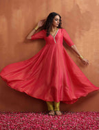 trueBrowns Hot Pink Tissue Flared Anarkali Kurta Set | Grocsy