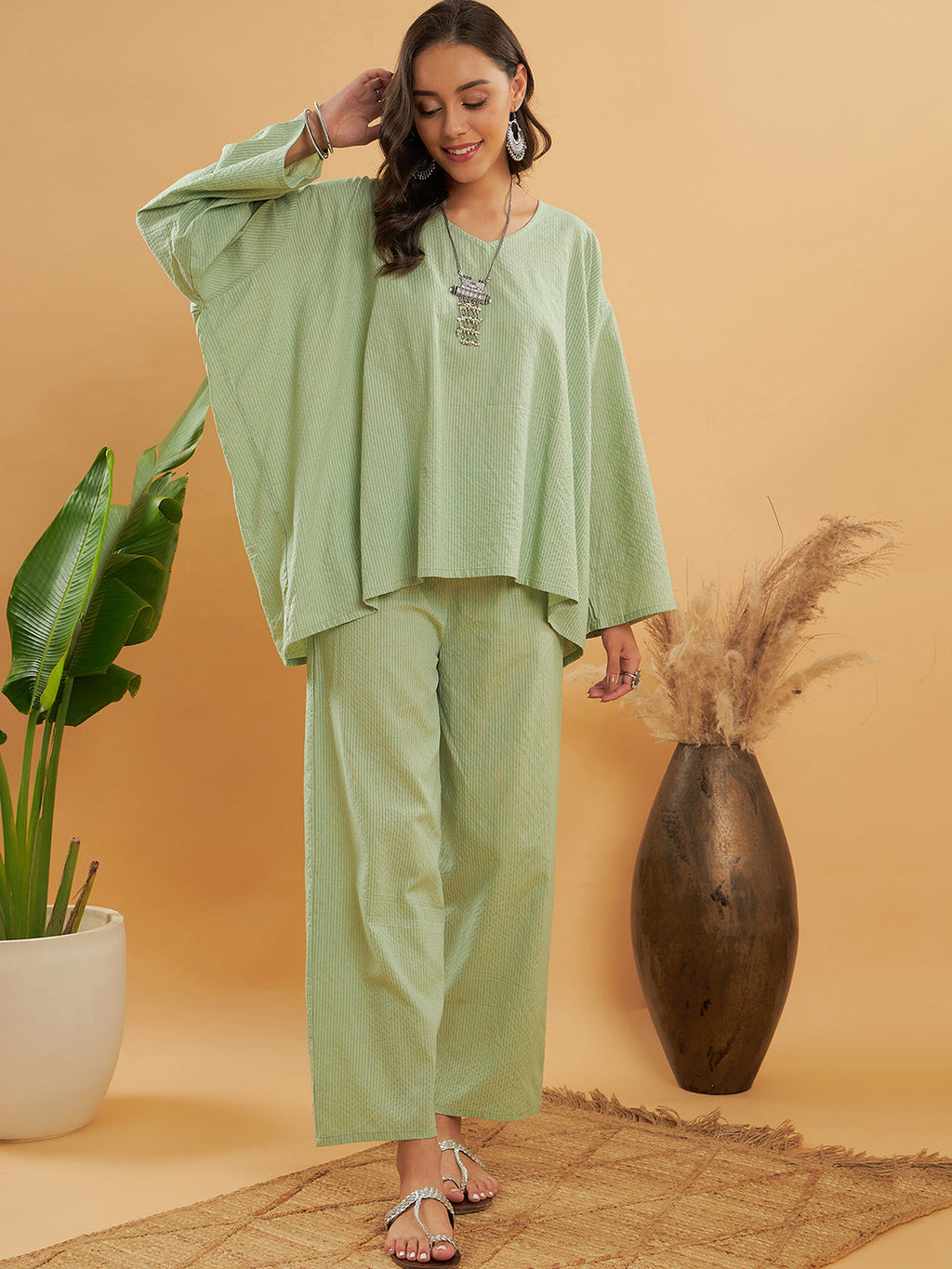 InWeave Women's Sage Green Kantha Boho Full Sleeve Coord Set | Grocsy