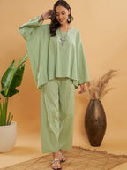 InWeave Women's Sage Green Kantha Boho Full Sleeve Coord Set | Grocsy