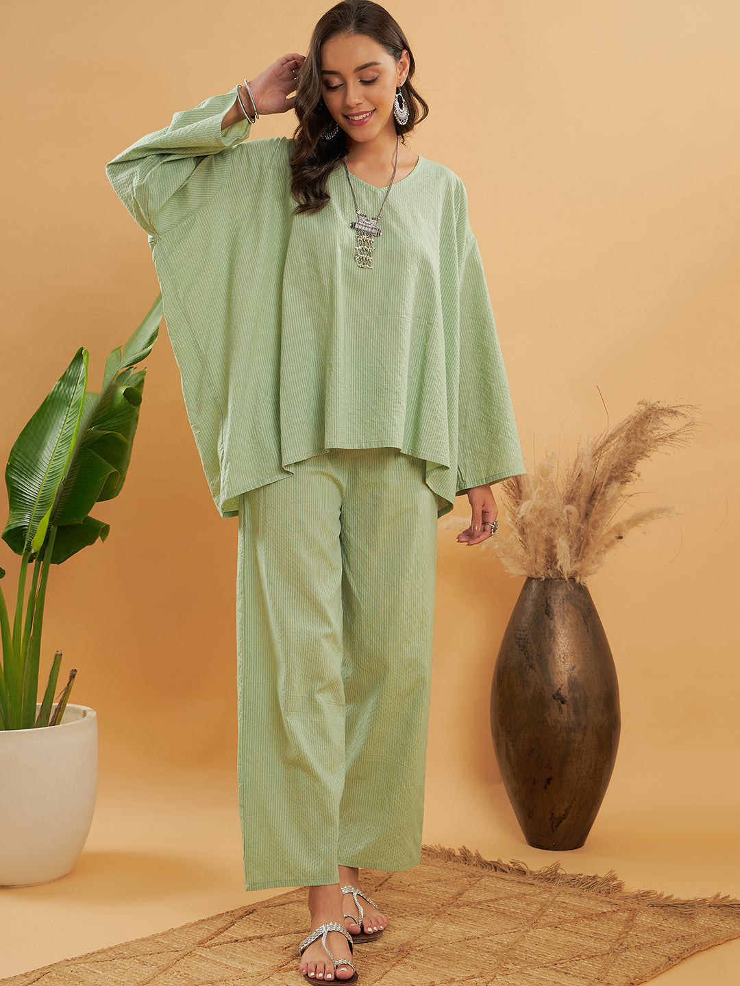 InWeave Women's Sage Green Kantha Boho Full Sleeve Coord Set | Grocsy