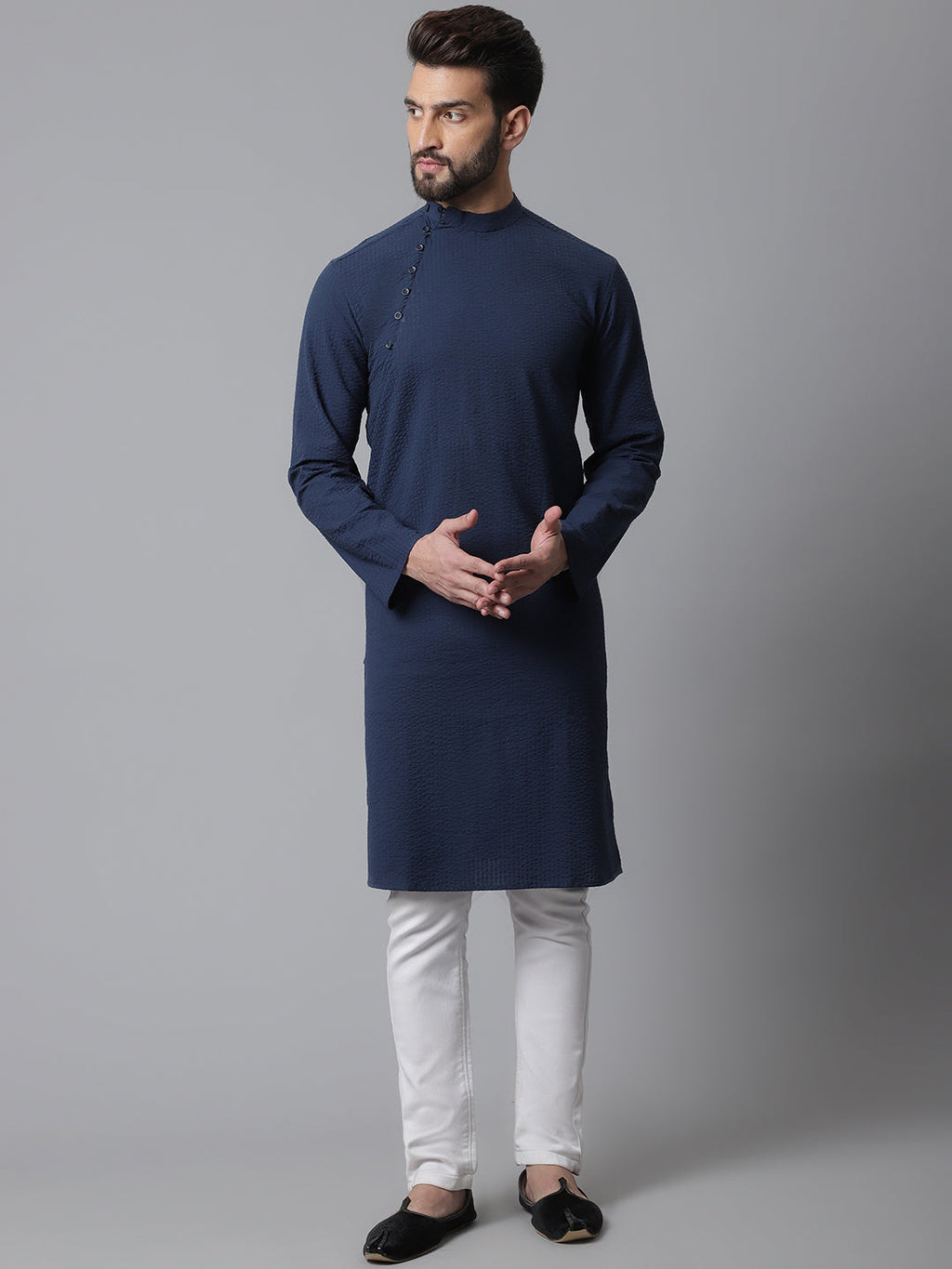 Even Apparels Blue Solid Kurta With Band Collar | Grocsy