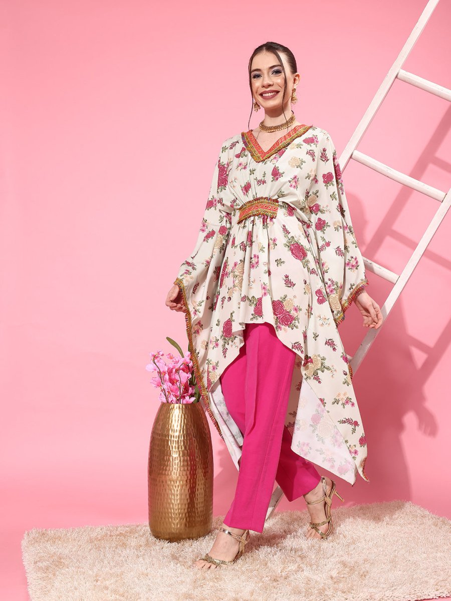 Ahalyaa Women Floral Printed Flared Sleeves Thread Work Crepe Kaftan Kurta | Grocsy