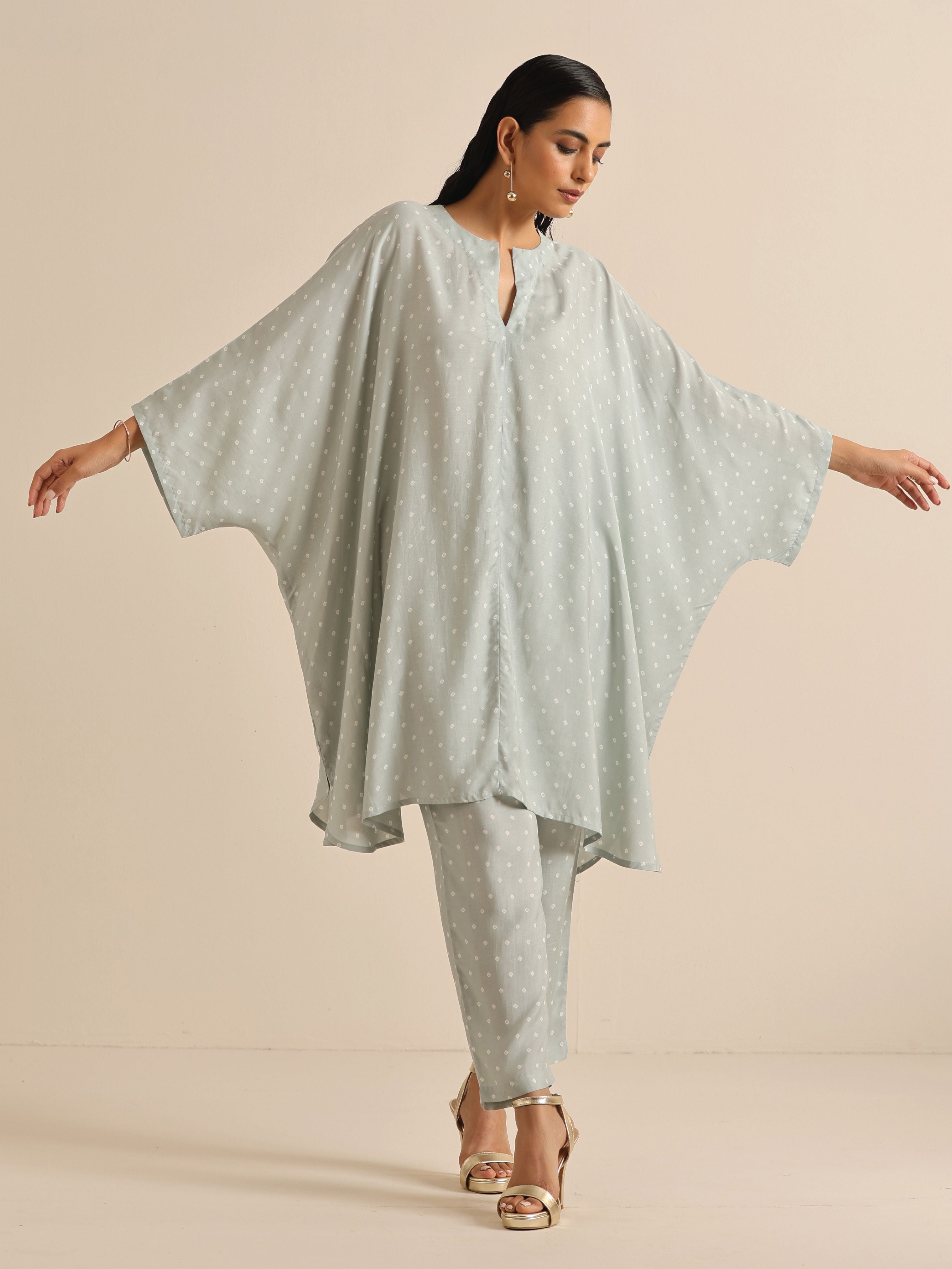 trueBrowns Grey Bandhani Printed Silk Kaftan Co-Ord Set | Grocsy
