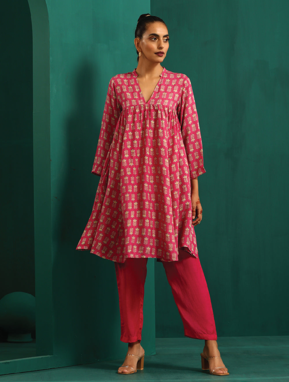 trueBrowns Pink Leaf Muslin Silk Printed Yoke Gathered Co-ord Set | Grocsy