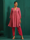 trueBrowns Pink Leaf Muslin Silk Printed Yoke Gathered Co-ord Set | Grocsy