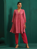 trueBrowns Pink Leaf Muslin Silk Printed Yoke Gathered Co-ord Set | Grocsy